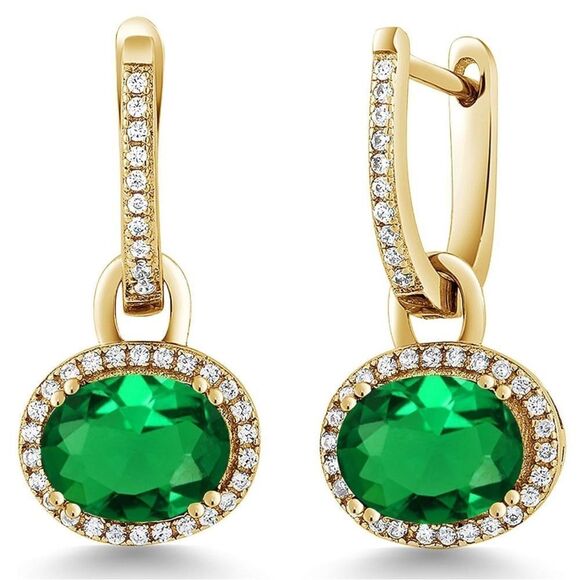 18K Yellow Gold 925 with 3.84 Cttw Emerald Oval Dangling French Lock Earrings